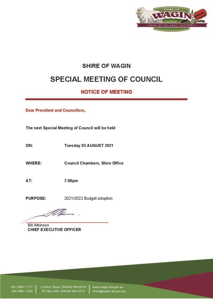 Notice of Meeting - Special Council Meeting