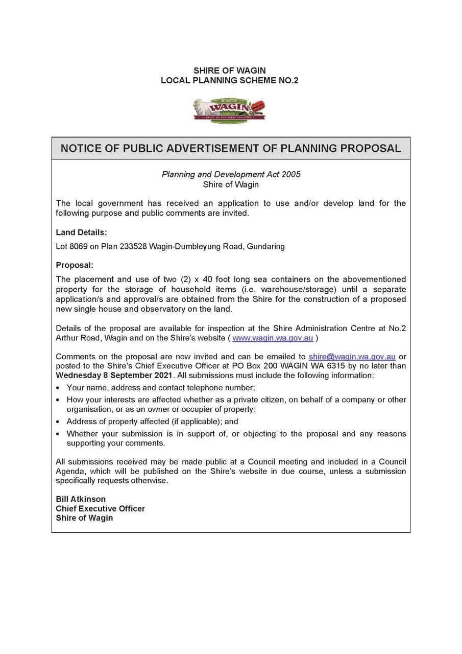Notice of Public Advertisement of Planning Proposal - Lot 8069