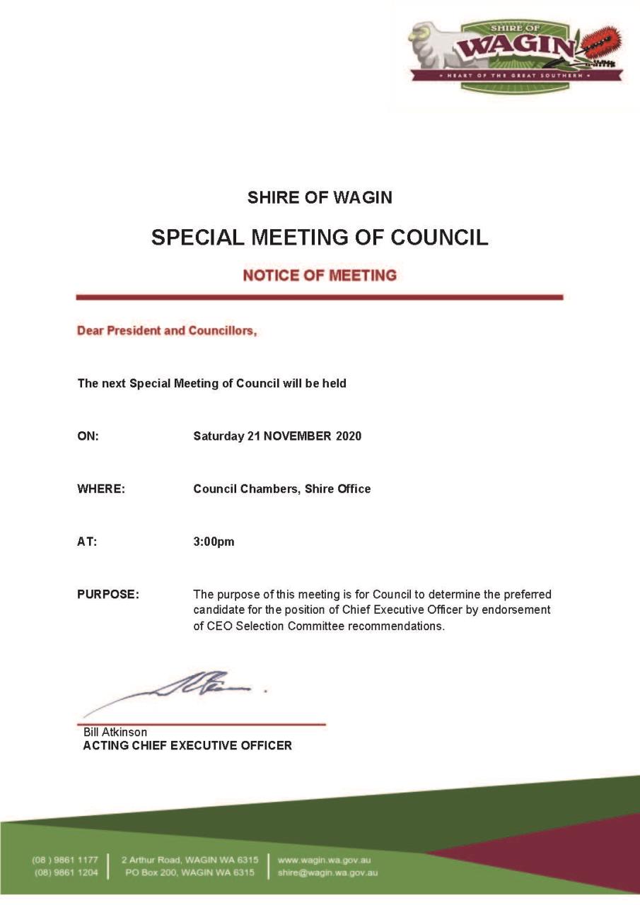 Special Council Meeting - Notice of Meeting